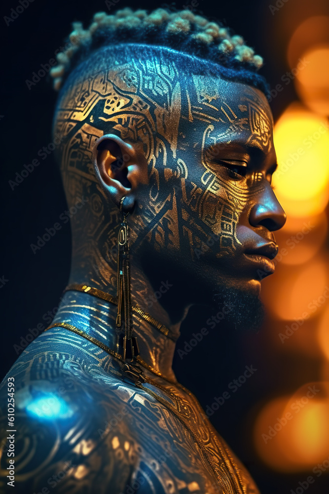 Obraz premium A close up of a person with tattoos on their face. Generative AI. African model with futuristic face paint.