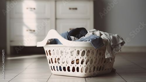 Super wide Basket with dirty laundry on floor against light wall. Generative AI