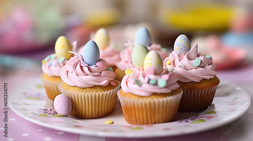 Easter Delights, Tempting Cupcakes Plated and Ready for Indulgence. Generative AI