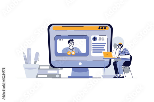 Online doctor appointment concept with people scene in the flat cartoon design. The girl communicates with her doctor via video link about further treatment. Vector illustration.