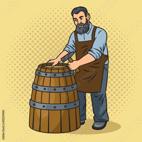barrel maker cooper man with barrel pinup pop art retro vector illustration. Comic book style imitation.
