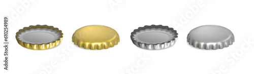 3d realistic vector icon. Gold and silver set of beer caps in top and bottom view. Isolated on white.