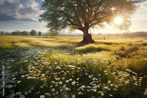 Spring blooming meadow with tree in background at sunrise. Generative AI