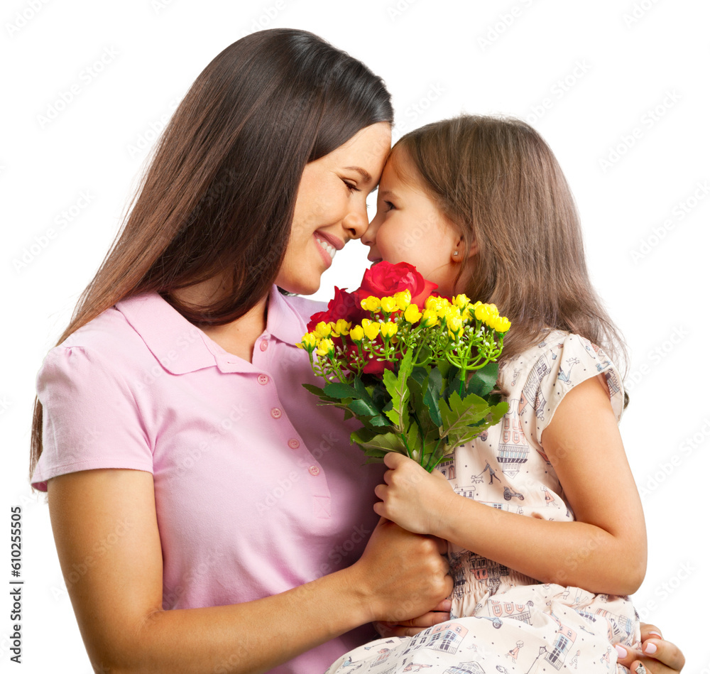 Mother and cute daughter with a bouquet of flowers Mother and cute daughter with a bouquet of flowers