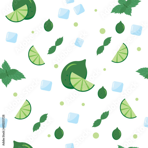 Seamless pattern, cool refreshing summer mojito with ice cubes, mint leaves and lime.