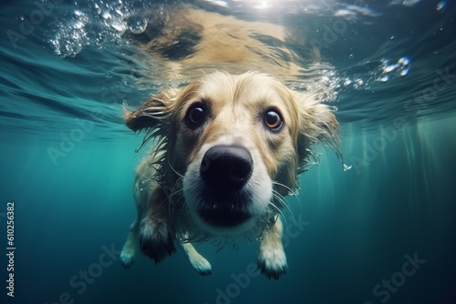 Animal and nature concept. Domestic funny looking dog diving in water. Generative AI © Rytis
