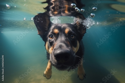 Animal and nature concept. Domestic funny looking dog diving in water. Generative AI
