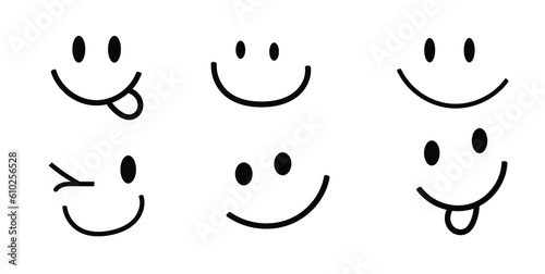 Vector Happy Doodle Smile Collection Isolated on White Background. Simple Faces. Cute Icon Set.
