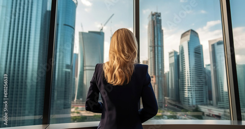 Business woman looks at the city of skyscrapers from the office, unrecognizable face. Generative AI