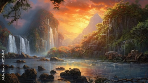 Serene tropical lake landscape cascading with a waterfall