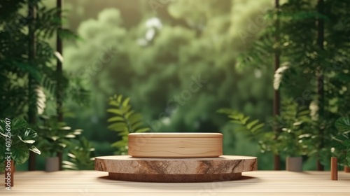 Round wooden display product podium with green garden