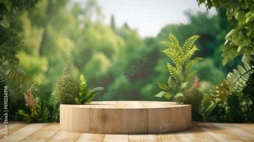 Exotic Product Presentation Round Wooden Podium Surrounded by Tropical Foliage