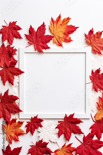 A white frame surrounded by red and yellow leaves. Generative AI.