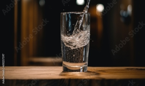 Clear water trickles into a glass atop a wooden bar Creating using generative AI tools