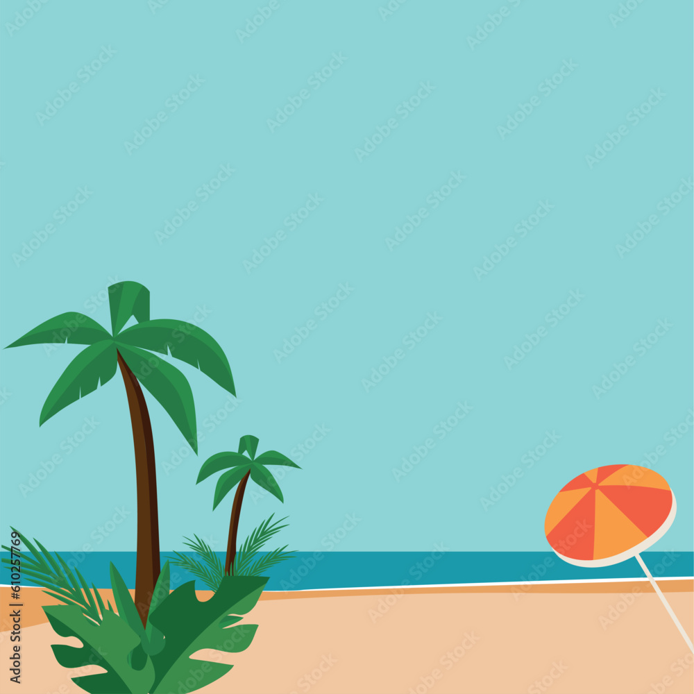 Beach with palm trees. Summer beach vector background with beach illustration for banners, cards, flyers, social media wallpapers.