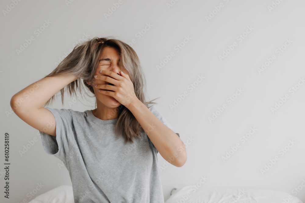 Funny face sleepy head asian woman just wake up in the morning dizzy and lazy. Funny face sleepy head asian woman just wake up in the morning dizzy and lazy.