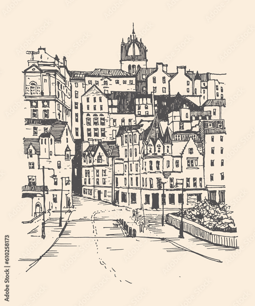 Old town street in Scotland, Edinburgh. Historical building line art. Freehand drawing. Travel sketch. Urban sketch of Edinburgh in black color isolated on beige background. Hand drawn travel postcard