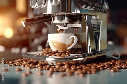 Photo An espresso machine brews coffee that drips into a cup, with scattered coffee beans around the machine