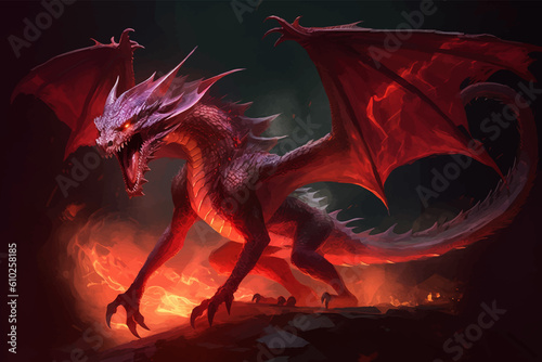 Fierce Red Fire Fantasy Dragon Growls and prepare to attack. Standing tall and proud with its wings spread wide. Full body. Mythical creatures. Ancient reptile. 3D digital painting