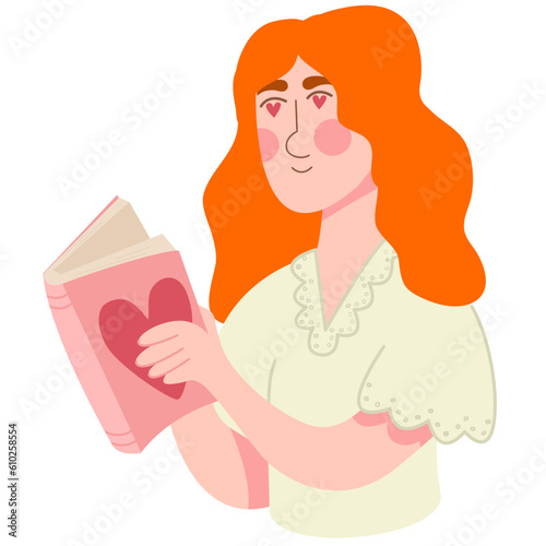 Woman,girl with red hair reading a novel.Hearts in her eyes.Read books lover. Relaxing time to reading.