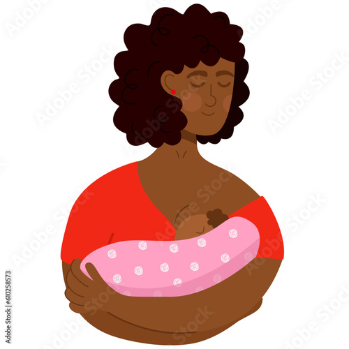 Black woman, mother feeding her newborn baby.Breastfeeding illustration. Mother feeding a baby with breast.World Breast feeding Week