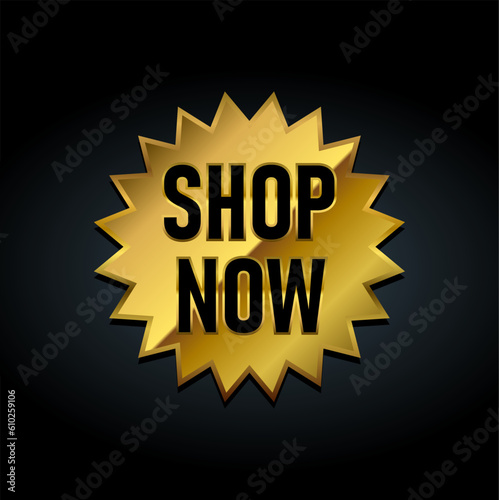 Shop now golden badge vector illustration