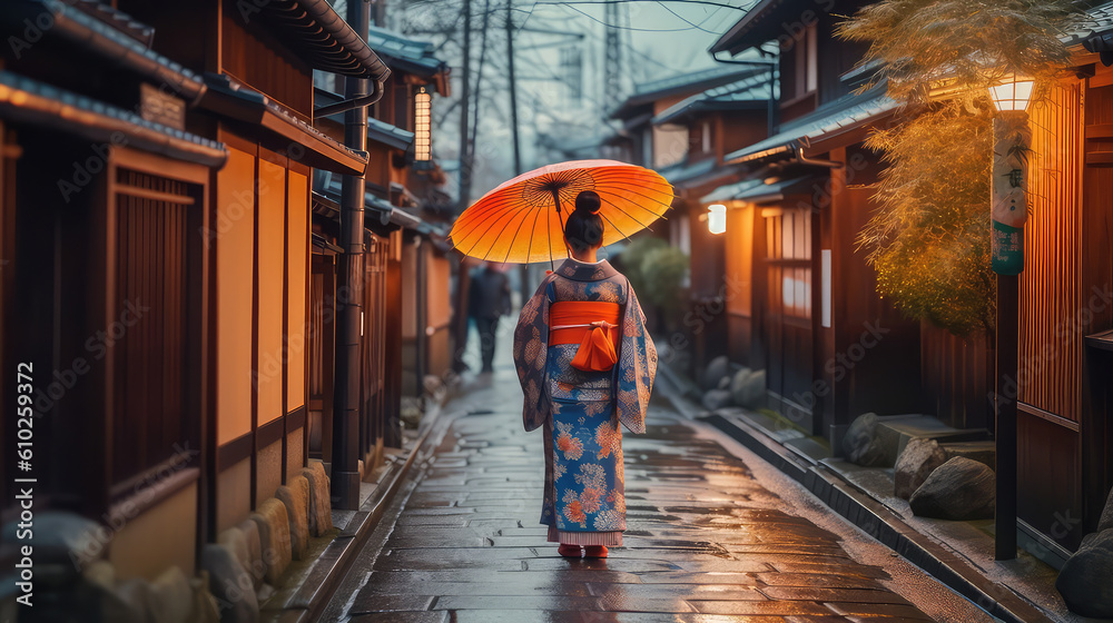 Naklejka premium Pretty japanese woman wearing kimono walking in old town Kyoto holding umbrells AI generated