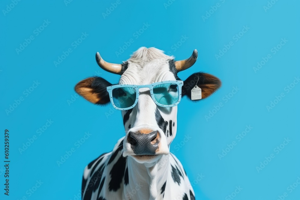 Sunglasses-clad cow against blue backdrop, surreal animal portrait. Generative AI Sunglasses-clad cow against blue backdrop, surreal animal portrait. Generative AI