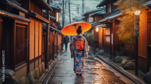 Pretty japanese woman wearing kimono walking in old town Kyoto holding umbrells AI generated