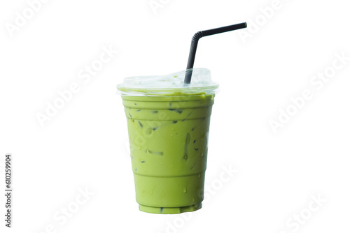 Iced of milk matcha green tea in plastic cup isolated white background. PNG file