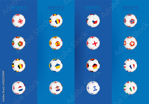 Flags of under 21 European football tournament 2023 sorted by group, flags in the style of a soccer ball.