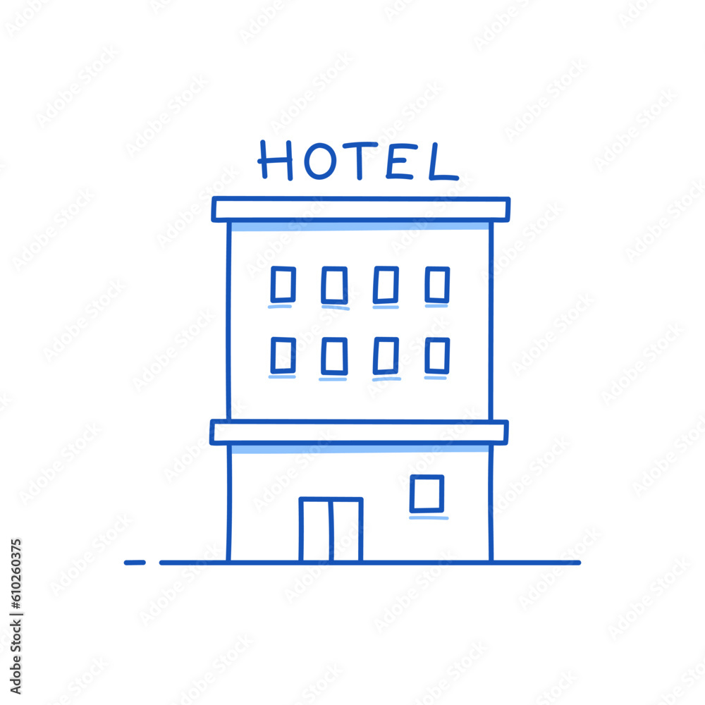 Hotel building doodle. Hand drawn sketch doodle style hotel building. Blue pen line stroke isolated element. Summer travel, water concept. Vector illustration. Hotel building doodle. Hand drawn sketch doodle style hotel building. Blue pen line stroke isolated element. Summer travel, water concept. Vector illustration.