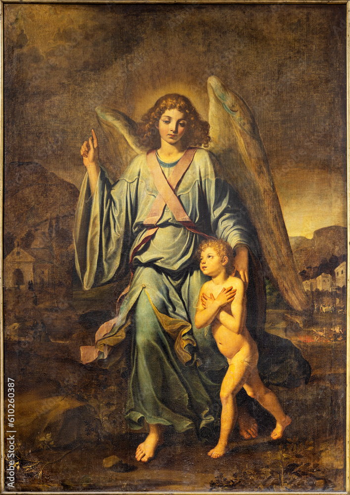 NAPLES, ITALY - APRIL 20, 2023: The paintign of Guardian angel in church Basilica di Santa Maria degli Angeli a Pizzofalcone from 18. cent. 
