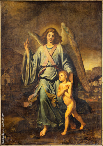 Slika na platnu NAPLES, ITALY - APRIL 20, 2023: The paintign of Guardian angel in church Basilica di Santa Maria degli Angeli a Pizzofalcone from 18