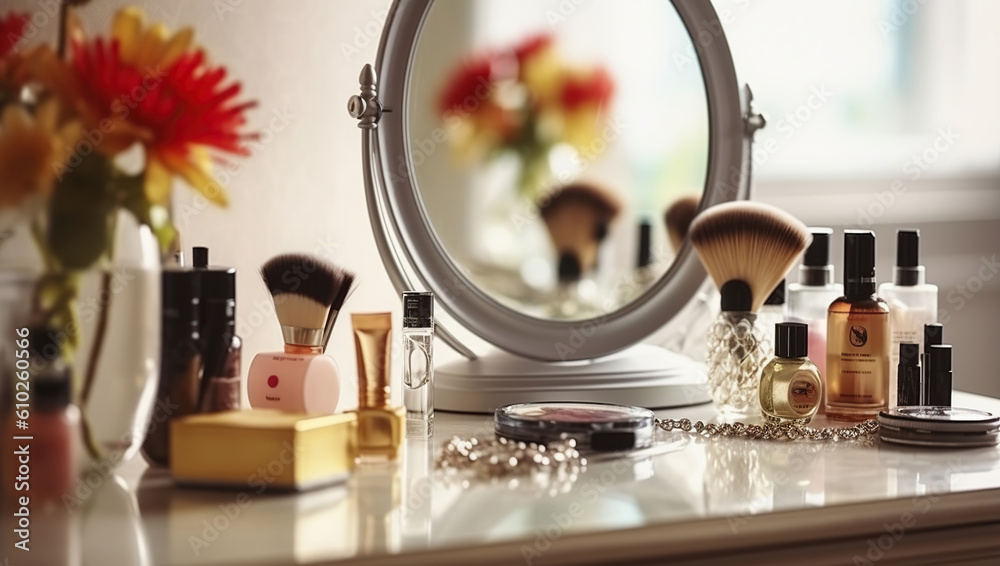Cosmetics Adorn the Dressing Table in a Stunning Display. Generative AI Cosmetics Adorn the Dressing Table in a Stunning Display. Generative AI