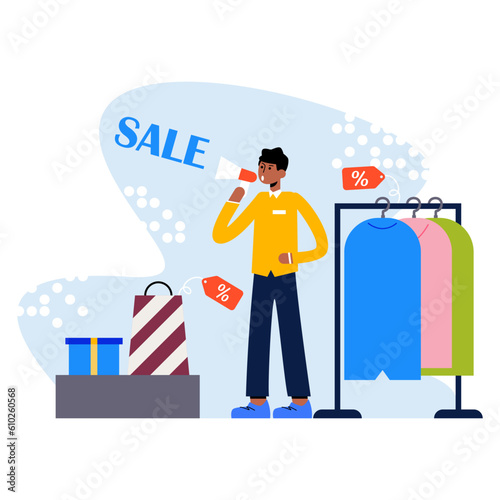 Cartoon American male working in store, holding gramophone and announces beginning of discounts. Big discounts in clothing store. Day of big and profitable shopping. Flat vector illustration