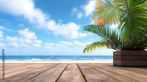 Summer tropical sea with waves, palm leaves and blue sky with clouds. Perfect vacation landscape with empty wooden table generative ai