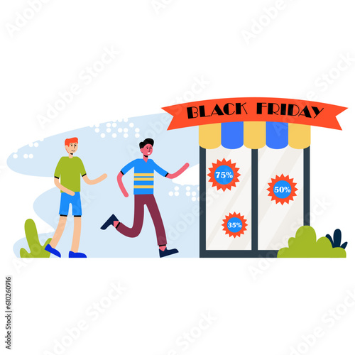 Young friends running to store with big discounts. Shoppers rush to make bargains on Black Friday. Profitable shopping day concept. Colorful illustration in flat design
