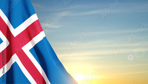 Flag of Iceland on background of sunset sky. EPS10 vector