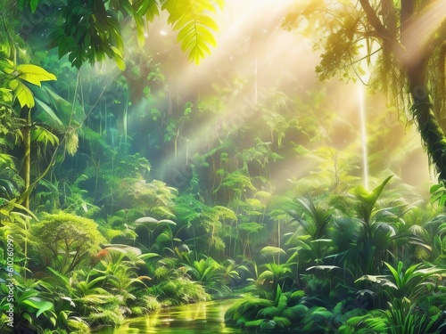 Immerse Yourself in the Beauty of a Fairytale Rainforest, Where Sunbeams Illuminate a Tropical Paradise. Generative AI.