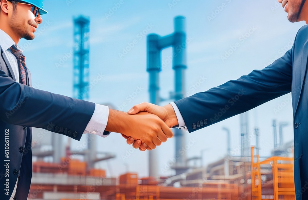 Businessman and engineer shaking hands at industrial plant background. Generative AI. Businessman and engineer shaking hands at industrial plant background. Generative AI.