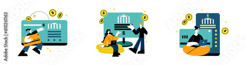 Set of cartoon characters using online bank account. Females holding credit card, and working on laptop. Online banking management concept. Flat vector illustration in blue colors