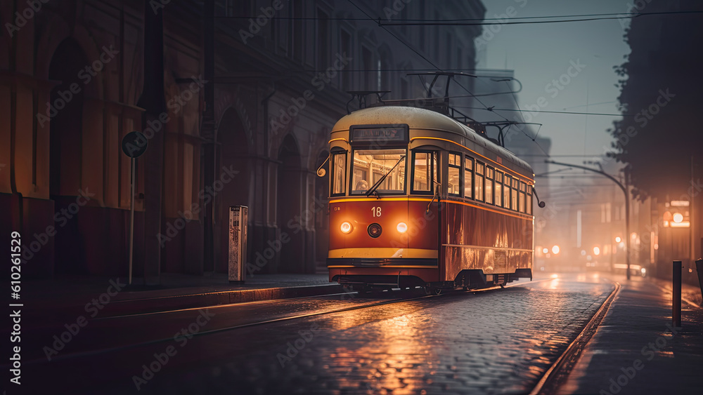 Captivating Nightscape of a Tram Resting Roadside. Embodying the Serenity of the Night, Ideal for Urban Themed Design Projects & Wall Decor. Ai Generated.