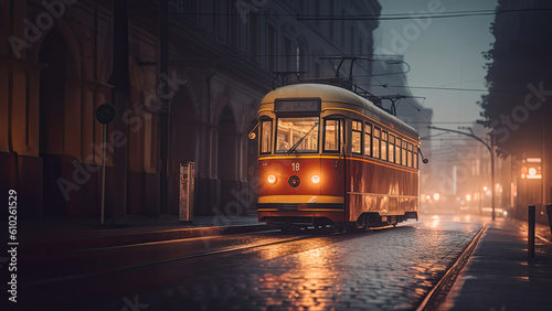 Captivating Nightscape of a Tram Resting Roadside. Embodying the Serenity of the Night, Ideal for Urban Themed Design Projects & Wall Decor. Ai Generated.