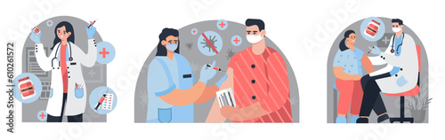 Set of doctors holding syringe and making inoculation to people. Vaccination of adult patients. Vaccination and virus protection concept. Flat vector illustration in blue and red colors