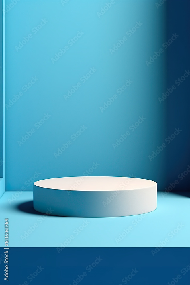 Blue and white round podium on blue, monochromatic. Product podium for product showcase. Generative AI. Blue and white round podium on blue, monochromatic. Product podium for product showcase. Generative AI.
