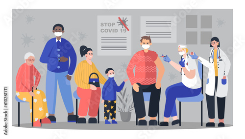 Cartoon characters waiting for their turn to get vaccinated in hospital. Protection against diseases and viruses for young and old patients. Stop Covid-19 concept. Flat vector illustration
