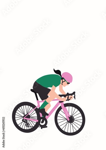 Fototapeta Naklejka Na Ścianę i Meble -  female cyclist pink bike dark hair green shirt - woman on bike bicycle