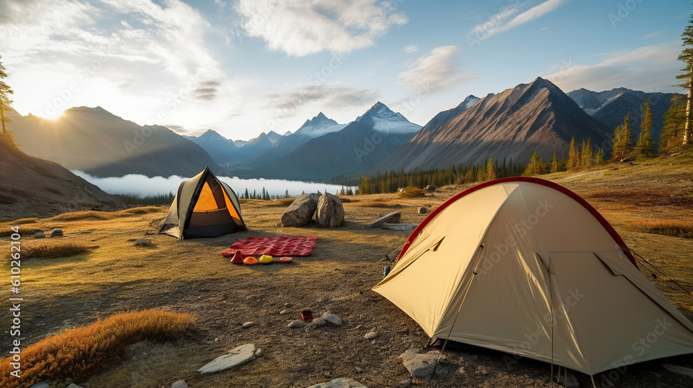 Nature's Getaway, Serene Tourist Camp with a Tent Set against Mountain Scenery. Generative AI
