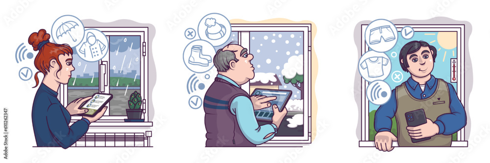 Set of different buyers searching for clothes. Lady holding smartphone and looking at clothes for rain. Male order winter boots and hat, man looking at summer clothes. Flat vector illustration Set of different buyers searching for clothes. Lady holding smartphone and looking at clothes for rain. Male order winter boots and hat, man looking at summer clothes. Flat vector illustration